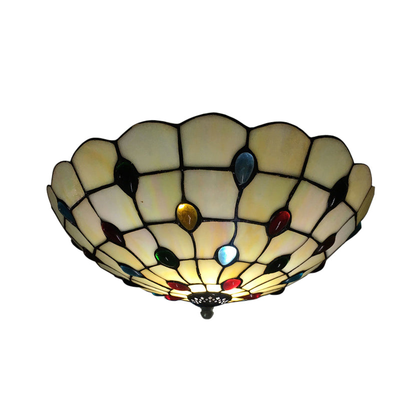 Retro Style Stained Glass Ceiling Light - Wide Bowl Design, 12/16/19.5-Inch, Flushmount, Beige/White/Yellow - 1/2/3 Light Options