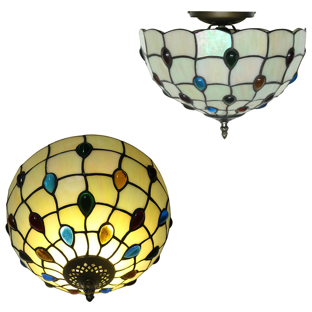 Retro Style Stained Glass Ceiling Light - Wide Bowl Design, 12/16/19.5-Inch, Flushmount, Beige/White/Yellow - 1/2/3 Light Options