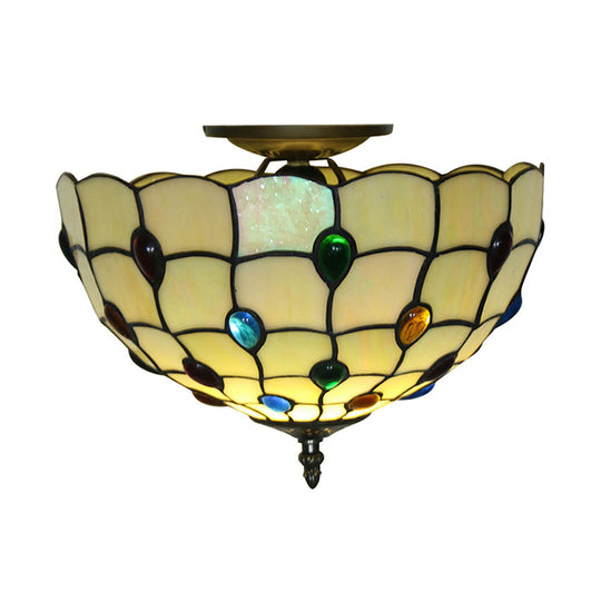 Retro Style Stained Glass Ceiling Light - Wide Bowl Design, 12/16/19.5-Inch, Flushmount, Beige/White/Yellow - 1/2/3 Light Options