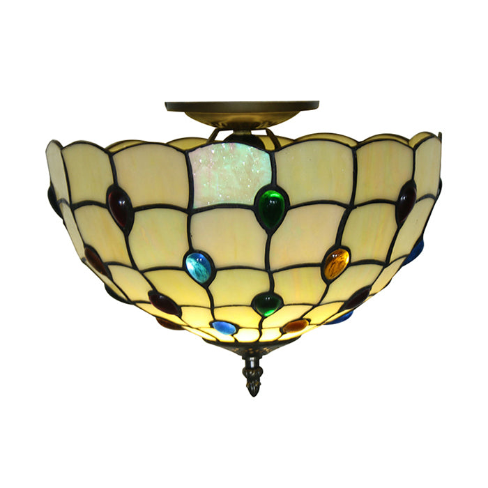 Retro Style Stained Glass Ceiling Light - Wide Bowl Design 12/16/19.5-Inch Flushmount