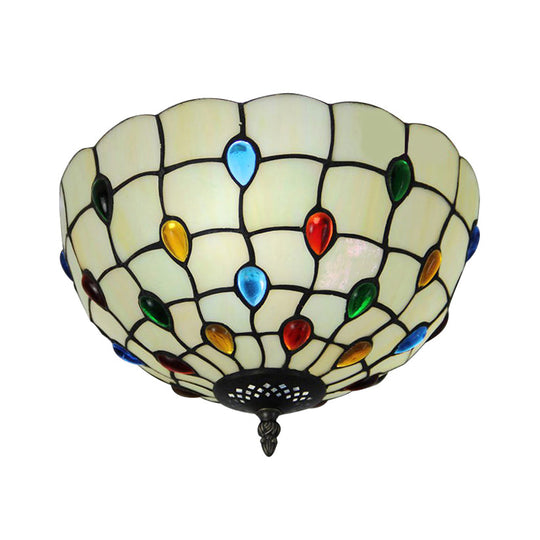 Retro Style Stained Glass Ceiling Light - Wide Bowl Design, 12/16/19.5-Inch, Flushmount, Beige/White/Yellow - 1/2/3 Light Options