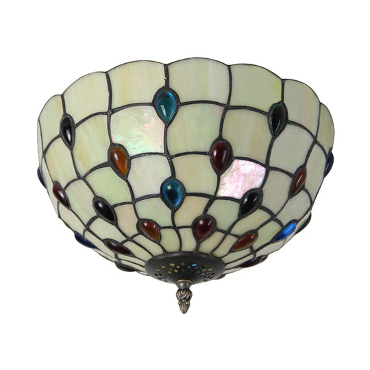 Retro Style Stained Glass Ceiling Light - Wide Bowl Design, 12/16/19.5-Inch, Flushmount, Beige/White/Yellow - 1/2/3 Light Options