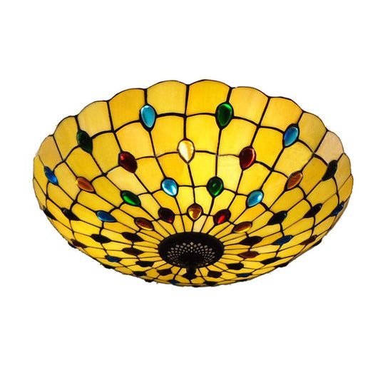 Retro Style Stained Glass Ceiling Light - Wide Bowl Design, 12/16/19.5-Inch, Flushmount, Beige/White/Yellow - 1/2/3 Light Options