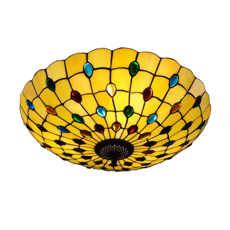 Retro Style Stained Glass Ceiling Light - Wide Bowl Design 12/16/19.5-Inch Flushmount