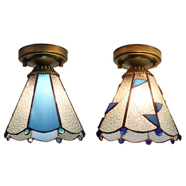 Blue Stained Glass Cone Flush Light - Lodge Style Ceiling Fixture for Corridor