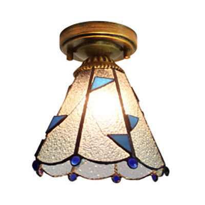 Blue Stained Glass Cone Flush Light - Lodge Style Ceiling Fixture for Corridor