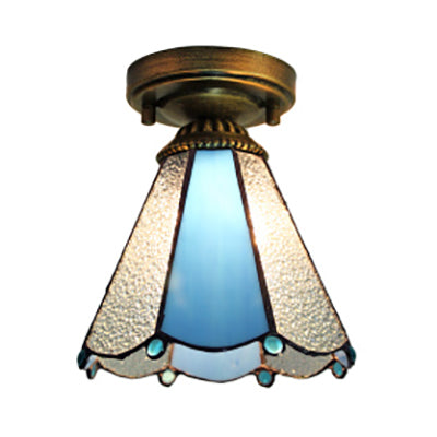 Blue Stained Glass Cone Flush Light - Lodge Style Ceiling Fixture for Corridor