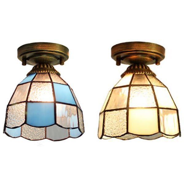 White/Blue Tiffany Mini Flush Ceiling Light with Stained Glass Cone Shade - Perfect for Foyers | 1-Light