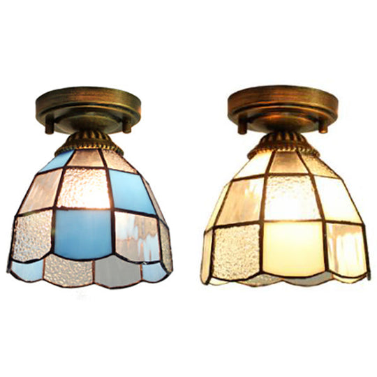 White/Blue Tiffany Mini Flush Ceiling Light With Stained Glass Cone Shade - Perfect For Foyers |