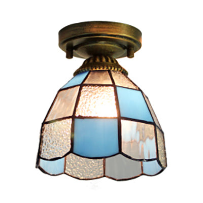 White/Blue Tiffany Mini Flush Ceiling Light with Stained Glass Cone Shade - Perfect for Foyers | 1-Light