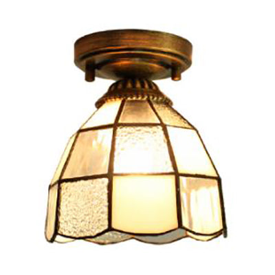 White/Blue Tiffany Mini Flush Ceiling Light With Stained Glass Cone Shade - Perfect For Foyers |