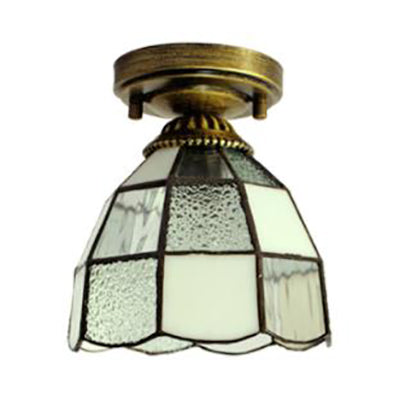 White/Blue Tiffany Mini Flush Ceiling Light with Stained Glass Cone Shade - Perfect for Foyers | 1-Light