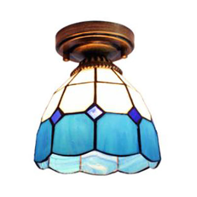 Mediterranean Stained Glass Dome Flush Light in Brass Finish with 1 Light & Stunning Geometric Patterns