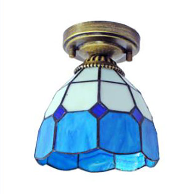 Mediterranean Stained Glass Dome Flush Light in Brass Finish with 1 Light & Stunning Geometric Patterns