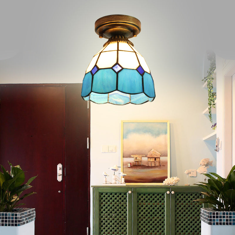 Mediterranean Stained Glass Dome Flush Light in Brass Finish with 1 Light & Stunning Geometric Patterns