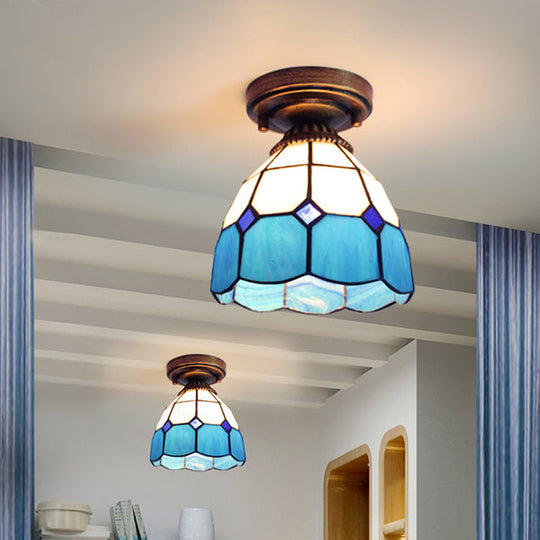 Mediterranean Stained Glass Dome Flush Light in Brass Finish with 1 Light & Stunning Geometric Patterns