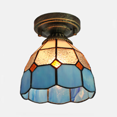 Mediterranean Stained Glass Dome Flush Light in Brass Finish with 1 Light & Stunning Geometric Patterns