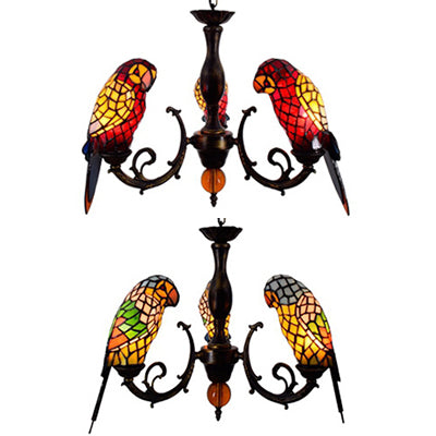 Tiffany Style Stained Glass Parrot Chandelier Light - Red/Blue - 3 Lights - Ideal for Restaurants