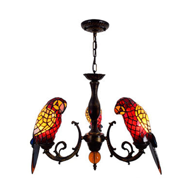 Tiffany Style Stained Glass Parrot Chandelier Light - Red/Blue - 3 Lights - Ideal for Restaurants