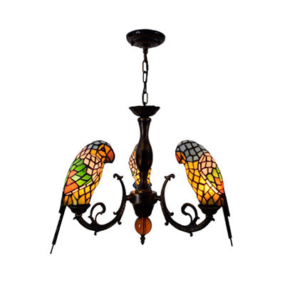 Tiffany Style Stained Glass Parrot Chandelier Light - Red/Blue - 3 Lights - Ideal for Restaurants