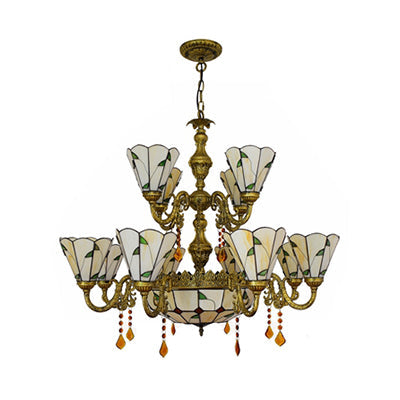 Beige/Blue Stained Glass Country Chandelier - 12 Heads Two-Tier Suspension Light For Living Room