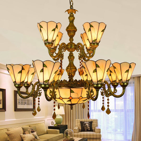 Beige/Blue Stained Glass Country Chandelier - 12 Heads Two-Tier Suspension Light For Living Room