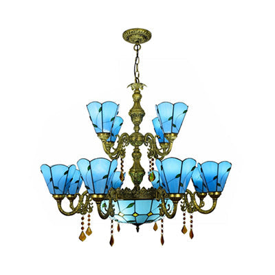 Country Chandelier: Beige/Blue Stained Glass, 12 Heads, Two-Tiers, Pendant Light for Living Room