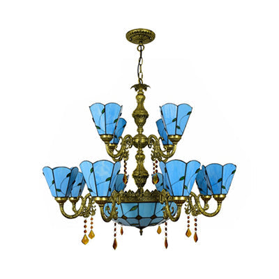 Country Chandelier: Beige/Blue Stained Glass, 12 Heads, Two-Tiers, Pendant Light for Living Room