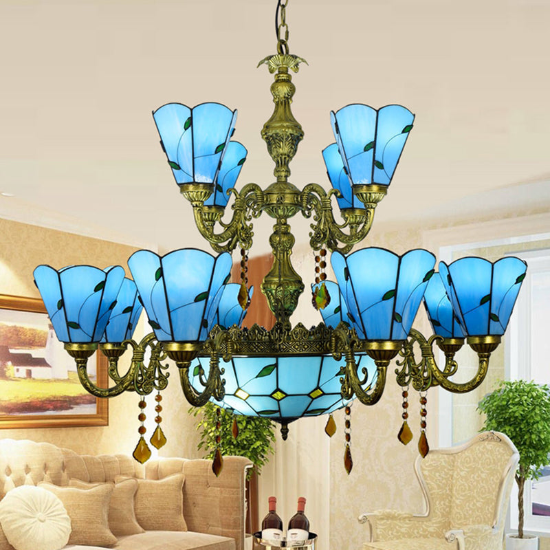 Beige/Blue Stained Glass Country Chandelier - 12 Heads Two-Tier Suspension Light For Living Room