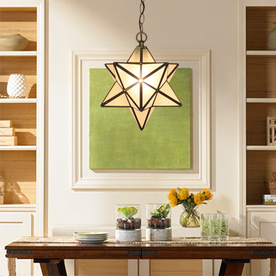 Tiffany Style Textured White/Clear Star Pendant Light - 8"/12" - Stainless Glass - Dining Room Ceiling Lamp