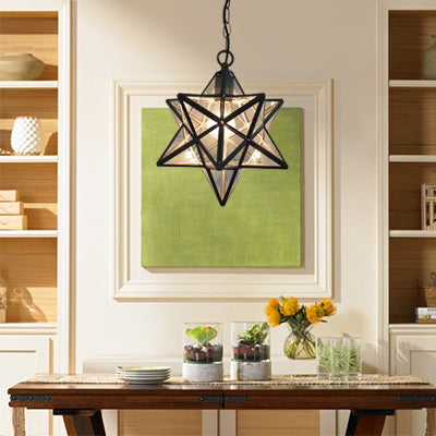 Tiffany Style Star Pendant Light For Dining Room - 8/12 Textured White/Clear Glass Shade Stainless