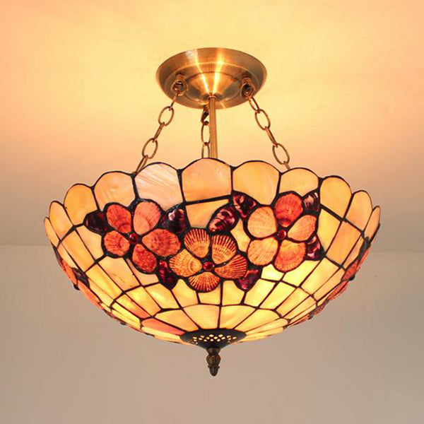 Scalloped Shade Semi Flush Stained Glass Ceiling Light Retro Style, 12"/16"/20.5" W, Red/Pink/Rose Red, Flower Pattern, Bedroom