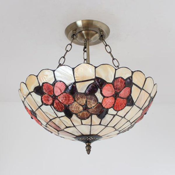 Scalloped Shade Semi Flush Stained Glass Ceiling Light Retro Style, 12"/16"/20.5" W, Red/Pink/Rose Red, Flower Pattern, Bedroom