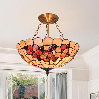 Scalloped Shade Semi Flush Stained Glass Ceiling Light Retro Style, 12"/16"/20.5" W, Red/Pink/Rose Red, Flower Pattern, Bedroom