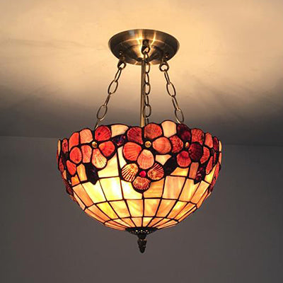 Scalloped Shade Semi Flush Stained Glass Ceiling Light Retro Style, 12"/16"/20.5" W, Red/Pink/Rose Red, Flower Pattern, Bedroom