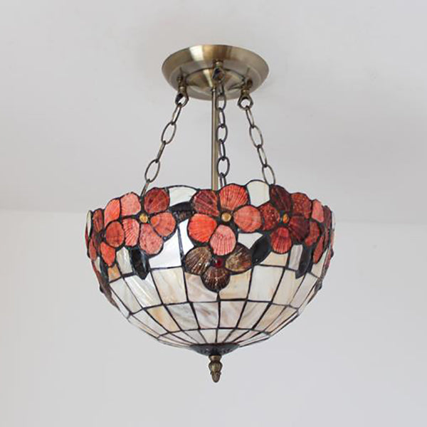 Scalloped Shade Semi Flush Stained Glass Ceiling Light Retro Style, 12"/16"/20.5" W, Red/Pink/Rose Red, Flower Pattern, Bedroom