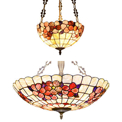 Scalloped Shade Semi Flush Stained Glass Ceiling Light Retro Style, 12"/16"/20.5" W, Red/Pink/Rose Red, Flower Pattern, Bedroom