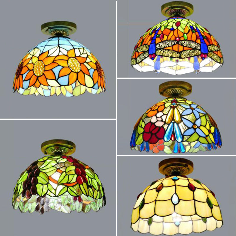 Rustic Tiffany Stained Glass Dome Flush Light - Sunflower/Rose/Pearl/Grape/Dragonfly Pattern Antique