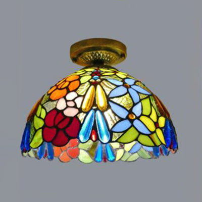 Rustic Tiffany Stained Glass Dome Flush Light - Sunflower/Rose/Pearl/Grape/Dragonfly Pattern Antique