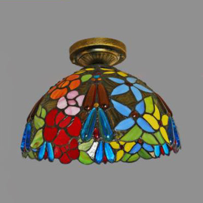 Rustic Tiffany Stained Glass Dome Flush Light - Sunflower/Rose/Pearl/Grape/Dragonfly Pattern Antique