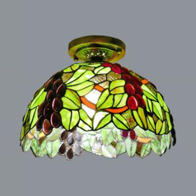 Rustic Tiffany Stained Glass Dome Flush Light - Sunflower/Rose/Pearl/Grape/Dragonfly Pattern Antique