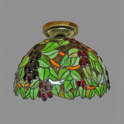 Rustic Tiffany Stained Glass Dome Flush Light - Sunflower/Rose/Pearl/Grape/Dragonfly Pattern Antique