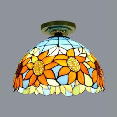 Rustic Tiffany Stained Glass Dome Flush Light - Sunflower/Rose/Pearl/Grape/Dragonfly Pattern Antique