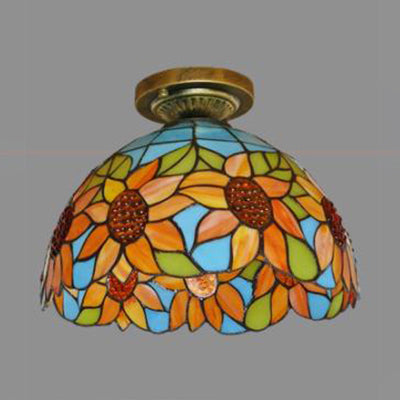 Rustic Tiffany Stained Glass Dome Flush Light - Sunflower/Rose/Pearl/Grape/Dragonfly Pattern Antique