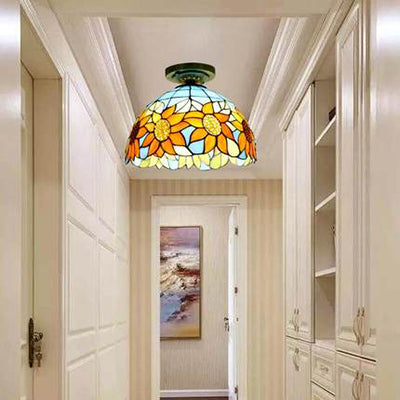 Rustic Tiffany Stained Glass Flush Light with Nature-inspired Pattern and Antique Brass Finish