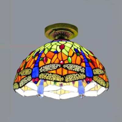 Rustic Tiffany Stained Glass Dome Flush Light - Sunflower/Rose/Pearl/Grape/Dragonfly Pattern Antique