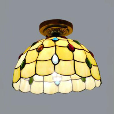 Rustic Tiffany Stained Glass Flush Light with Nature-inspired Pattern and Antique Brass Finish