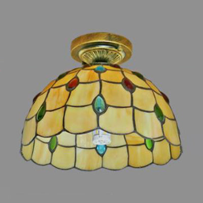 Rustic Tiffany Stained Glass Dome Flush Light - Sunflower/Rose/Pearl/Grape/Dragonfly Pattern Antique