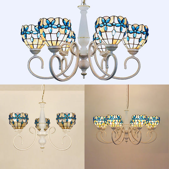 Stained Glass Inverted Chandelier with Floral Jewel Pattern - Lodge Domed Pendant Lighting (3/6/8 Lights, Beige)