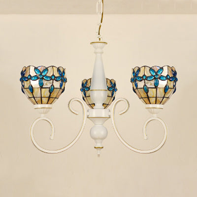 Stained Glass Inverted Chandelier with Floral Jewel Pattern - Lodge Domed Pendant Lighting (3/6/8 Lights, Beige)